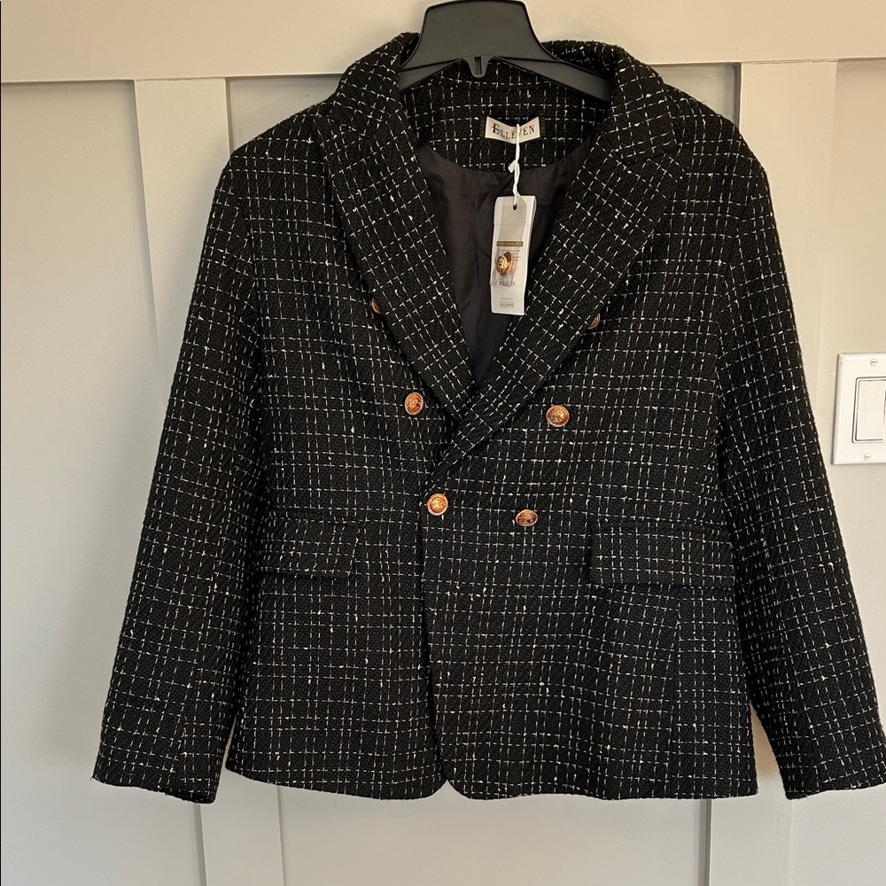Black Tweed Double-Breasted Jacket with Copper Buttons